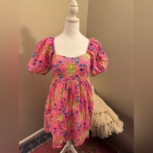 Lilly Pulitzer Pink Kay Sundress with Puff Sleeves and Square Neck